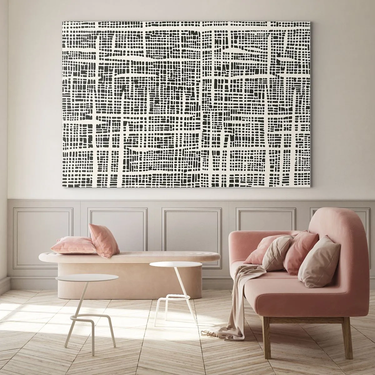 Tablou pe sticlă - O abstracție alb-negru care seamănă cu o grilă de puncte. - 70x50cm - O compoziție țesută - Decorațiune modernă pentru perete pentru living și dormitor ARTTOR