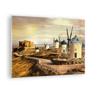 Tablou pe sticlă - Mori de vânt și un castel în peisaj la apus - 70x50cm - Don Quijote apare imediat - Decorațiune modernă pentru perete pentru living și dormitor ARTTOR