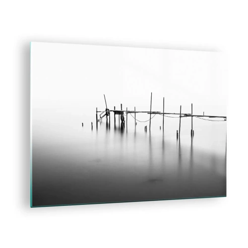 Tablou pe sticlă - Un debarcader alb-negru pe o suprafață calmă a apei - 70x50cm - Și dacă lumea nu ar exista? - Decorațiune modernă pentru perete pentru living și dormitor ARTTOR
