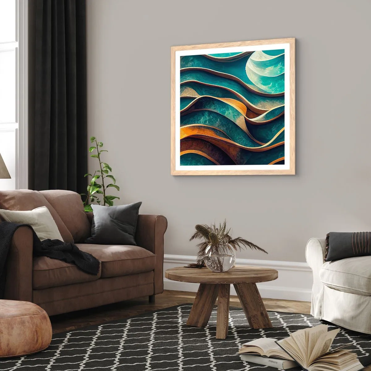 Poster în ramă de stejar deschis - Meandre de albastru - 60x60 cm