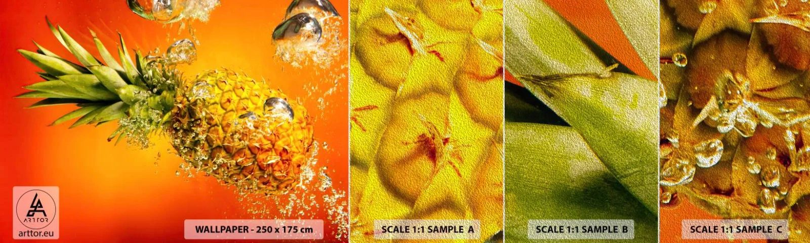 Mostră tapet Premium Sand - Prospețime suculentă tropicală - Fructe, Ananas, Apă - 100x30 cm