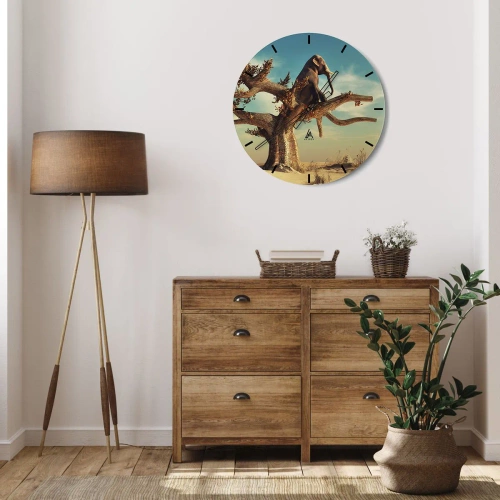 Ceas de perete - Ceas pe sticlă - Un elefant stând pe un copac într-un peisaj suprarealist - 30x30cm - Un nou punct de vedere - Decorațiune modernă pentru perete pentru living, bucătărie și dormitor ARTTOR