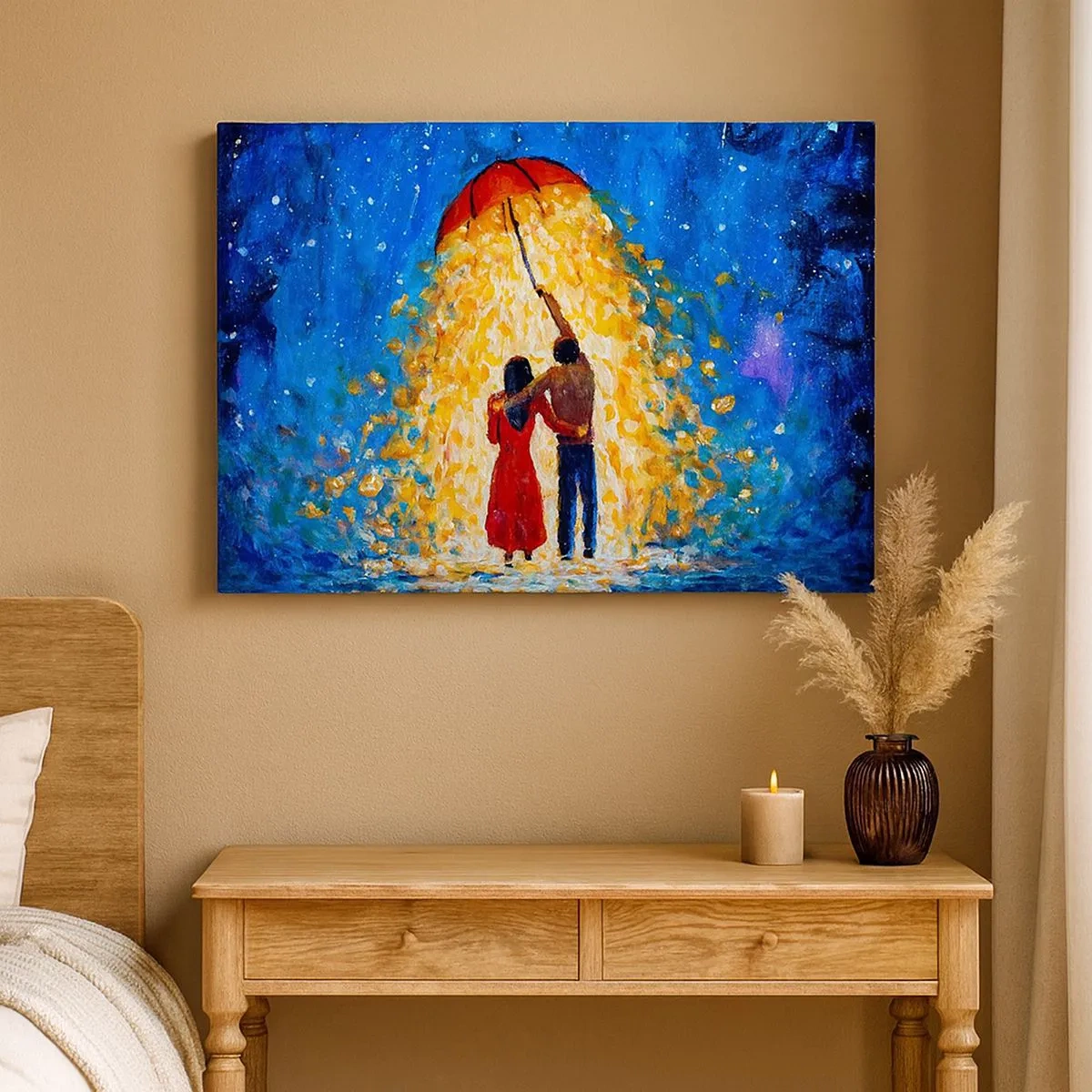 Tablou pe pânză Canvas - Un cuplu sub o umbrelă roșie în ploaia luminoasă - 70x50cm - Magia unei seri ploioase? - Decorațiune modernă pentru perete pentru living și dormitor ARTTOR