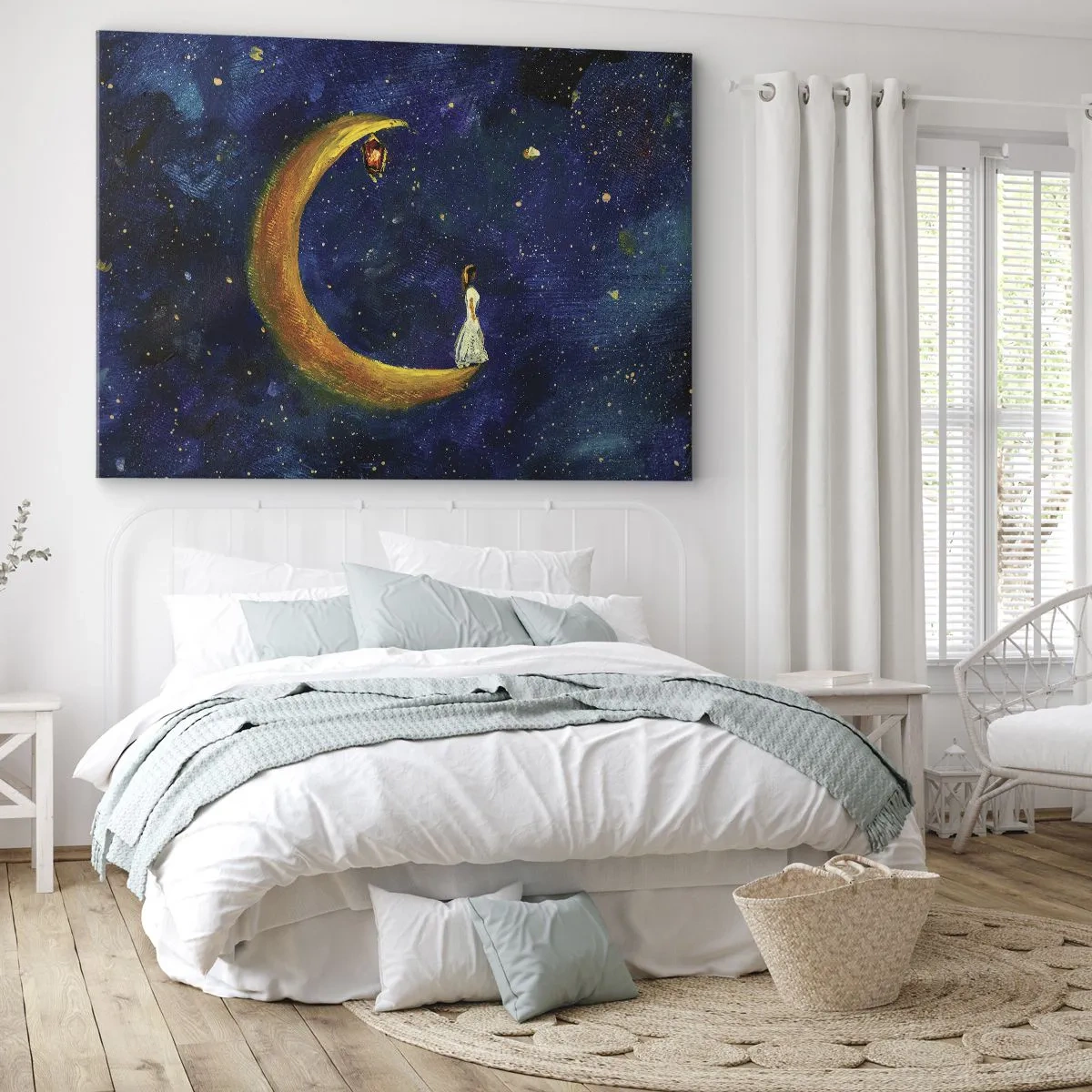 Tablou pe pânză Canvas - fată stând pe lună pe un cer înstelat - 70x50cm - Chemarea lumii - Decorațiune modernă pentru perete pentru living și dormitor ARTTOR