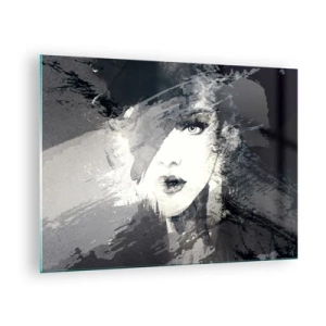 Tablou pe sticlă - Fața unei femei este parțial acoperită cu pete gri abstracte. - 70x50cm - Din spatele unui voal gri - Decorațiune modernă pentru perete pentru living și dormitor ARTTOR