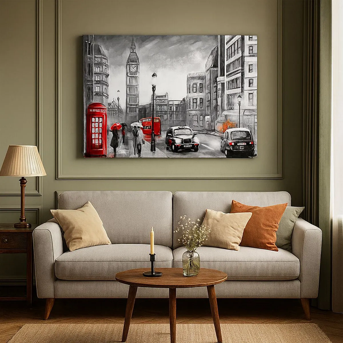 Tablou pe pânză Canvas - O scenă londoneză în alb și negru cu accente roșii - 70x50cm - Nu este deloc un oraș gri - Decorațiune modernă pentru perete pentru living și dormitor ARTTOR