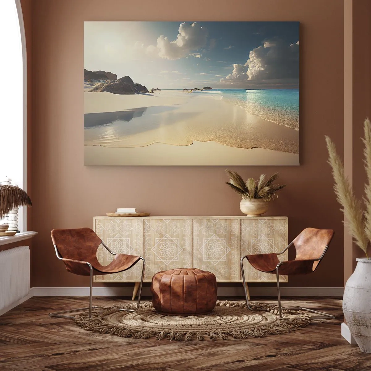 Tablou pe pânză Canvas - O plajă însorită cu mare albastră și stânci - 70x50cm - O zi de vis - Decorațiune modernă pentru perete pentru living și dormitor ARTTOR