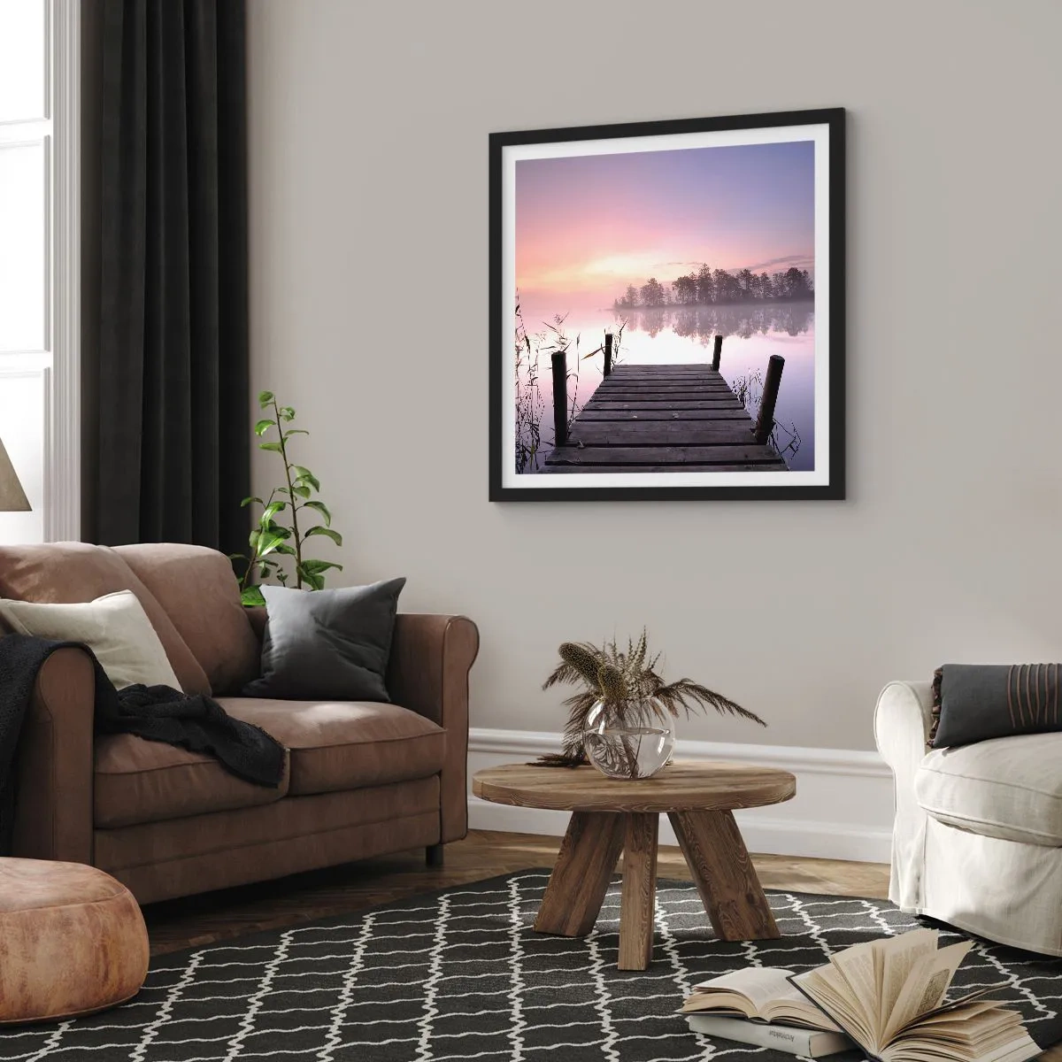 Poster în ramă neagră - Din ceața de liliac... - 60x60 cm