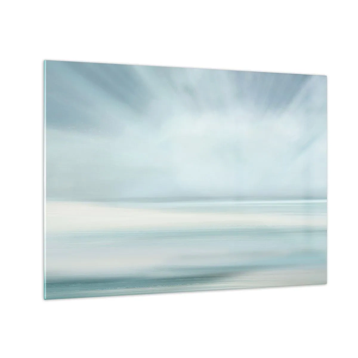 Tablou pe sticlă - Abstracție estompată în nuanțe de albastru, alb și gri - 70x50cm - Liniște până la orizont - Decorațiune modernă pentru perete pentru living și dormitor ARTTOR