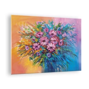 Tablou pe sticlă - Un buchet de flori roz într-o compoziție artistică și colorată - 70x50cm - Energia vieții - Decorațiune modernă pentru perete pentru living și dormitor ARTTOR