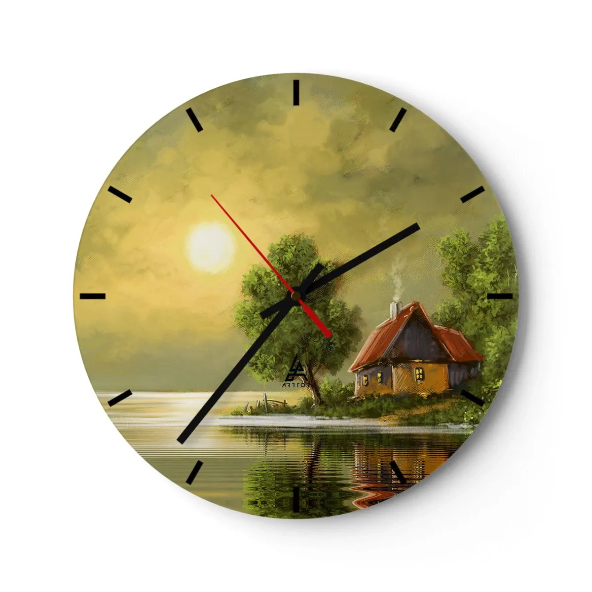 Ceas de perete - Ceas pe sticlă - O căsuță fermecătoare pe malul lacului, înconjurată de verdeață la apus - 30x30cm - Frumos, ca dintr-o imagine - Decorațiune modernă pentru perete pentru living, bucătărie și dormitor ARTTOR