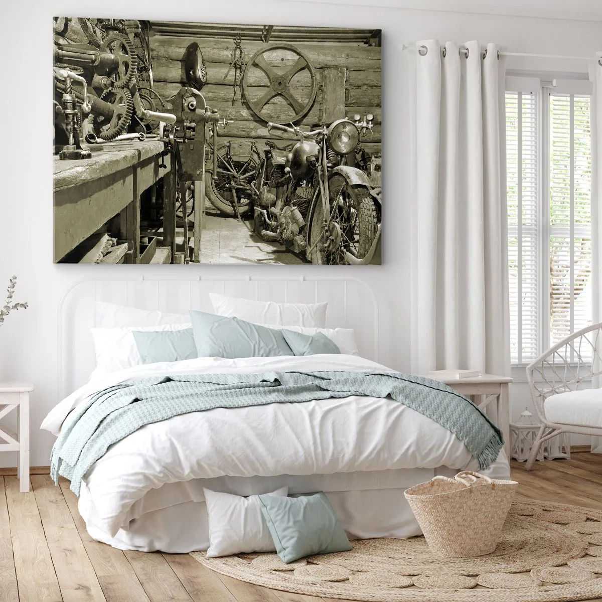 Tablou pe pânză Canvas - Atelier retro cu motociclete și unelte - 70x50cm - În șopronul unchiului Vlad - Decorațiune modernă pentru perete pentru living și dormitor ARTTOR