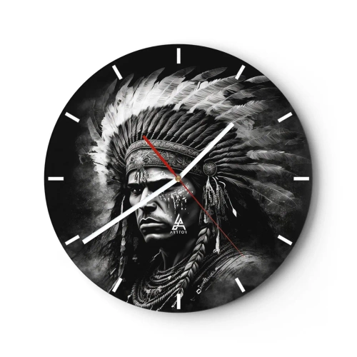 Ceas de perete - Ceas pe sticlă - Portretul unui șef cu o coafură cu pene în stil monocrom - 30x30cm - Conducător și luptător - Decorațiune modernă pentru perete pentru living, bucătărie și dormitor ARTTOR
