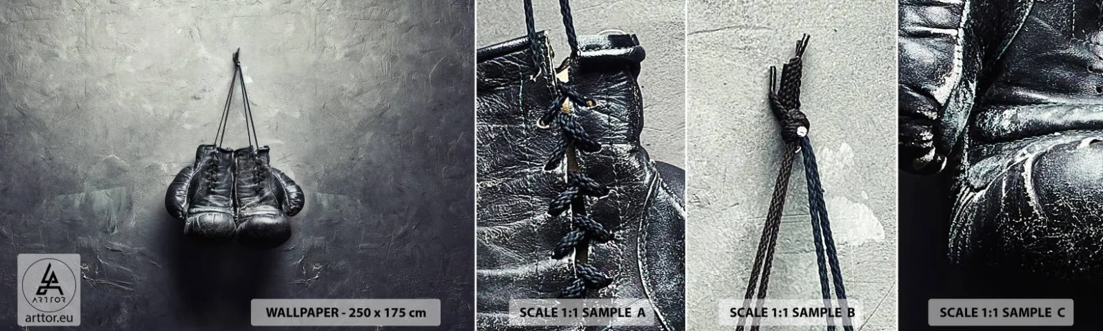 Mostră tapet autocolant Deluxe Sticker - Timp de luptă și timp de pace - Cutie, Manusi de box, Epocă - 100x30 cm