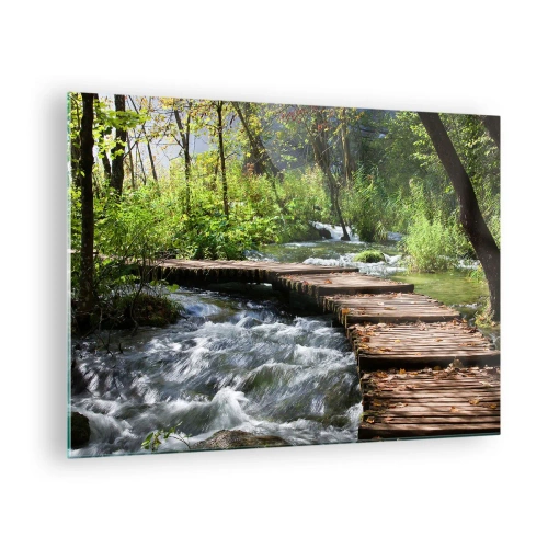 Tablou pe sticlă - Un pod de lemn peste un pârâu repetat - 70x50cm - Cascadă spumoasă - Decorațiune modernă pentru perete pentru living și dormitor ARTTOR