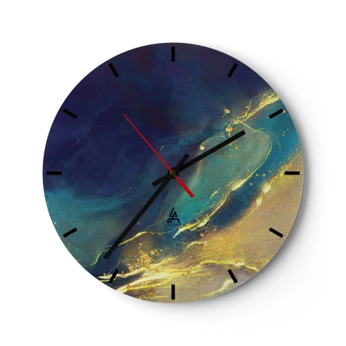 Ceas de perete - Ceas pe sticlă - O compoziție abstractă în albastru marin și auriu, care seamănă cu o piscină cu apă - 30x30cm - Baltă de aur - Decorațiune modernă pentru perete pentru living, bucătărie și dormitor ARTTOR