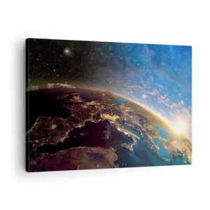 Tablou pe pânză Canvas - Vedere a Pământului din spațiu la răsăritul soarelui - 70x50cm - Să ne privim de la distanță - Decorațiune modernă pentru perete pentru living și dormitor ARTTOR