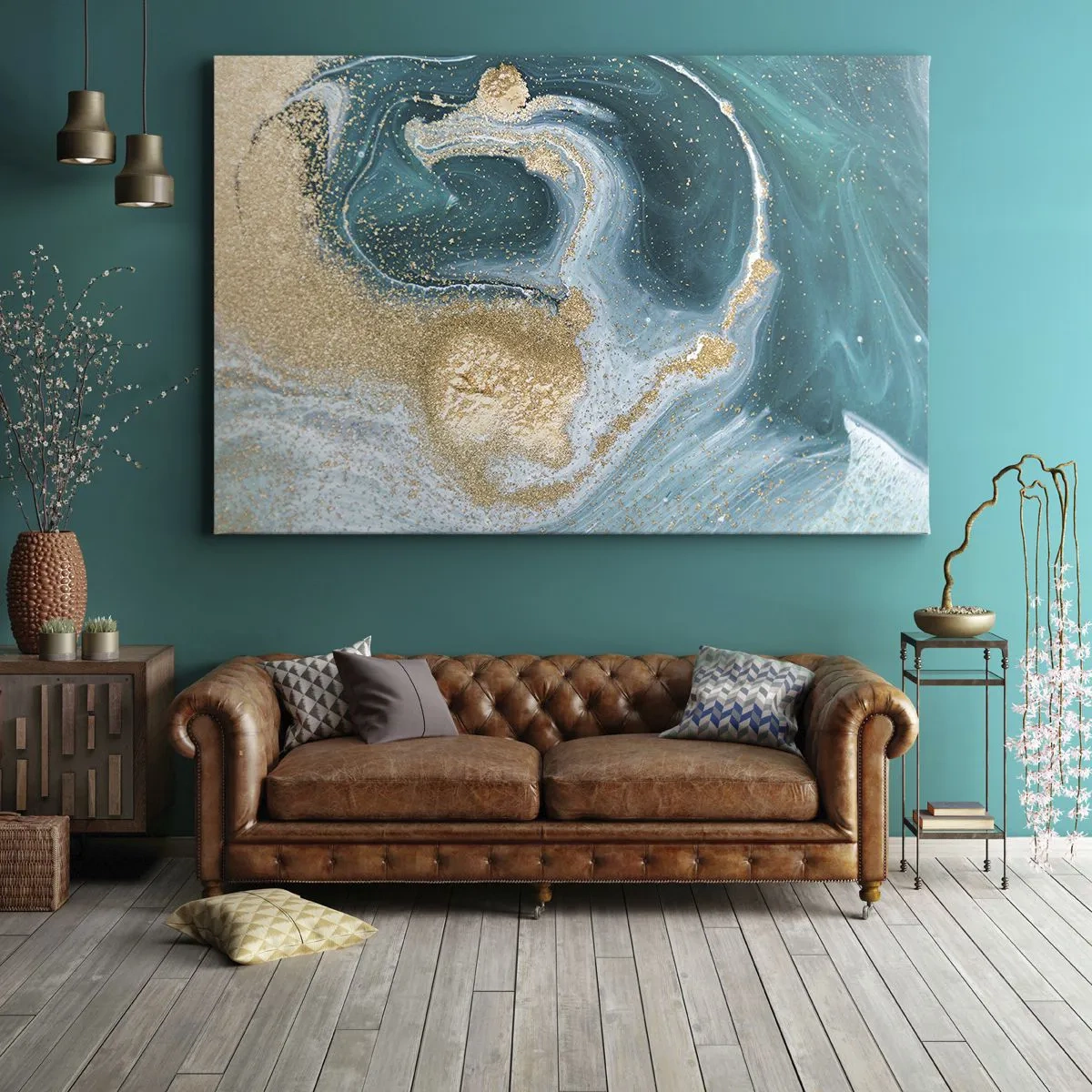 Tablou pe pânză Canvas - Vârtej abstract în tonuri de turcoaz și auriu - 70x50cm - Vârtej de aur și turcoaz - Decorațiune modernă pentru perete pentru living și dormitor ARTTOR
