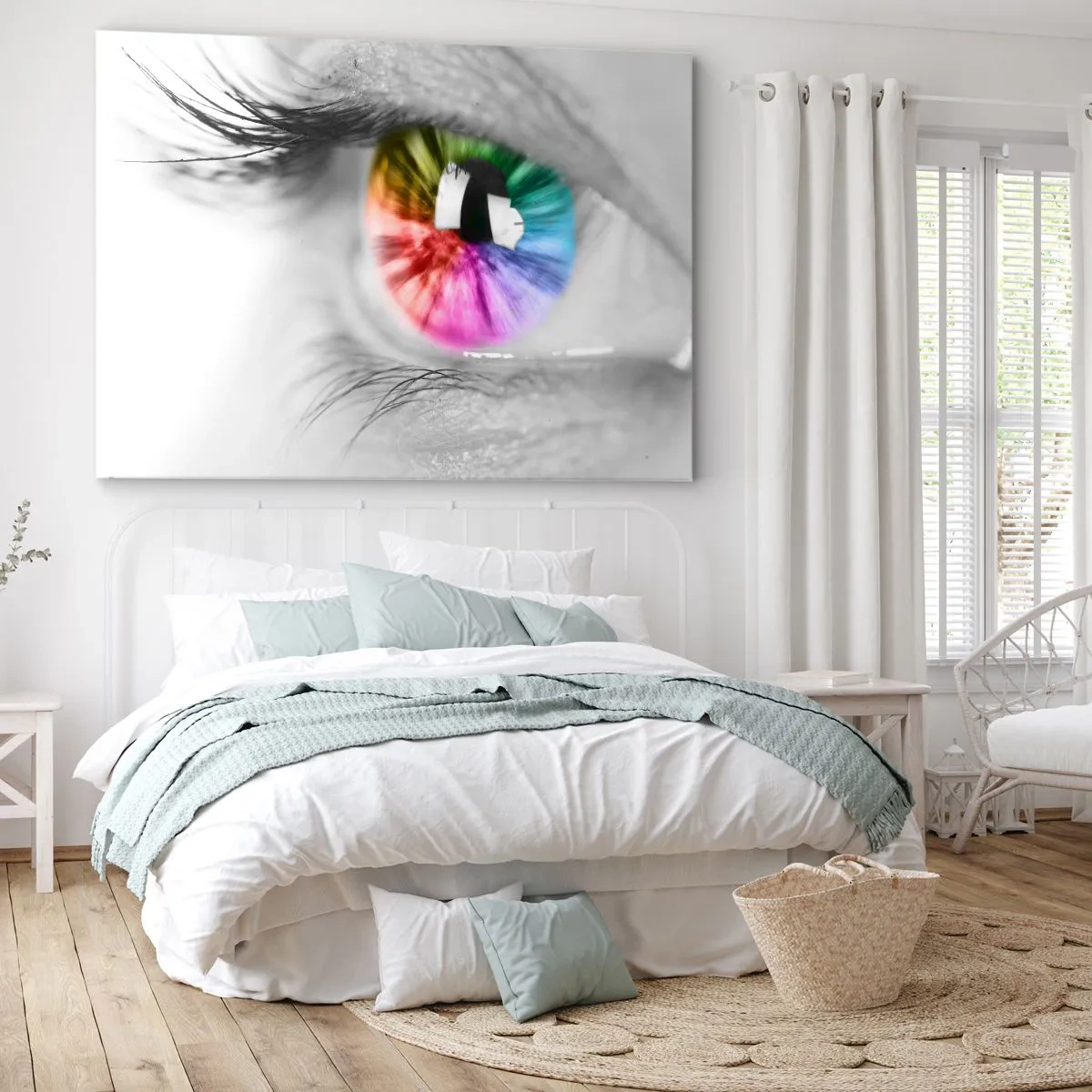 Tablou pe pânză Canvas - Fotografie artistică a unui ochi cu iris curcubeu pe un fundal gri - 70x50cm - Priviți lumea în culori - Decorațiune modernă pentru perete pentru living și dormitor ARTTOR
