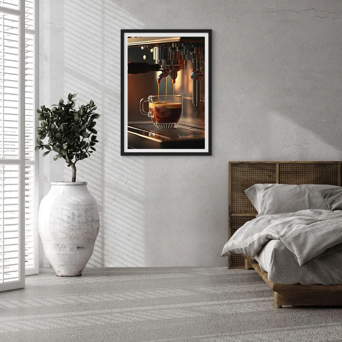 Poster în ramă neagră - Un aparat de cafea care toarnă espresso într-o ceașcă - 50x70cm - Băutură senzuală - Decorațiune modernă pentru perete pentru living și dormitor ARTTOR