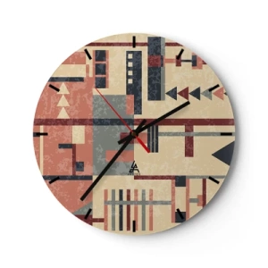 Ceas de perete - Ceas pe sticlă - Model geometric abstract în nuanțe de bej, roșu și gri - 30x30cm - Combinație de verticale și orizontale - Decorațiune modernă pentru perete pentru living, bucătărie și dormitor ARTTOR