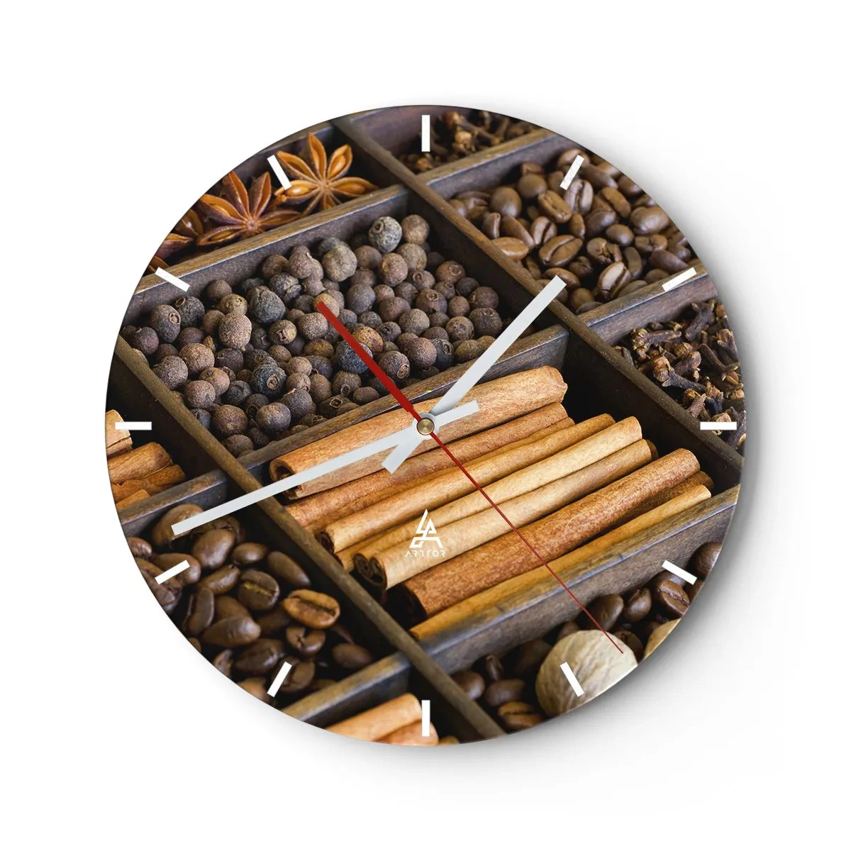 Ceas de perete - Ceas pe sticlă - Despărțitor din lemn cu diverse condimente și cafea - 30x30cm - Tezaur de arome - Decorațiune modernă pentru perete pentru living, bucătărie și dormitor ARTTOR