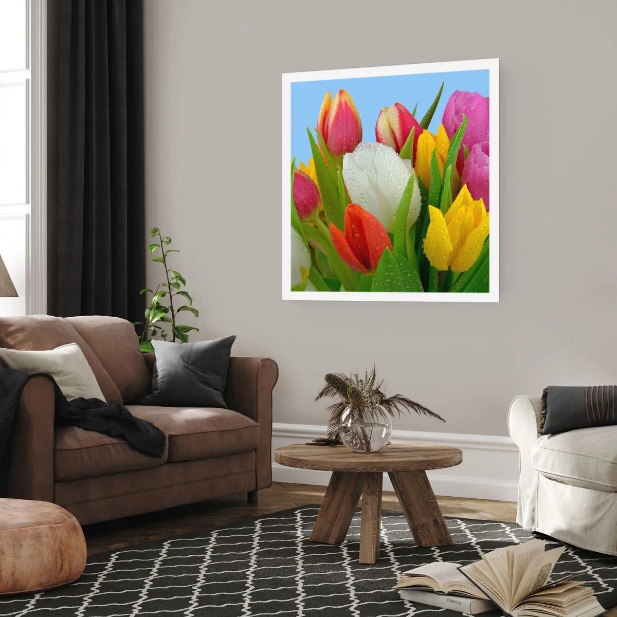 Poster - Un curcubeu floral în picături de rouă - 60x60 cm