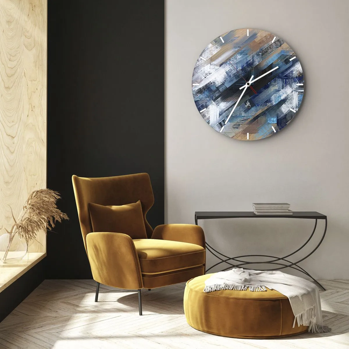 Ceas de perete - Ceas pe sticlă - O compoziție abstractă de tușe albastre. - 30x30cm - Pe o pantă albastră - Decorațiune modernă pentru perete pentru living, bucătărie și dormitor ARTTOR