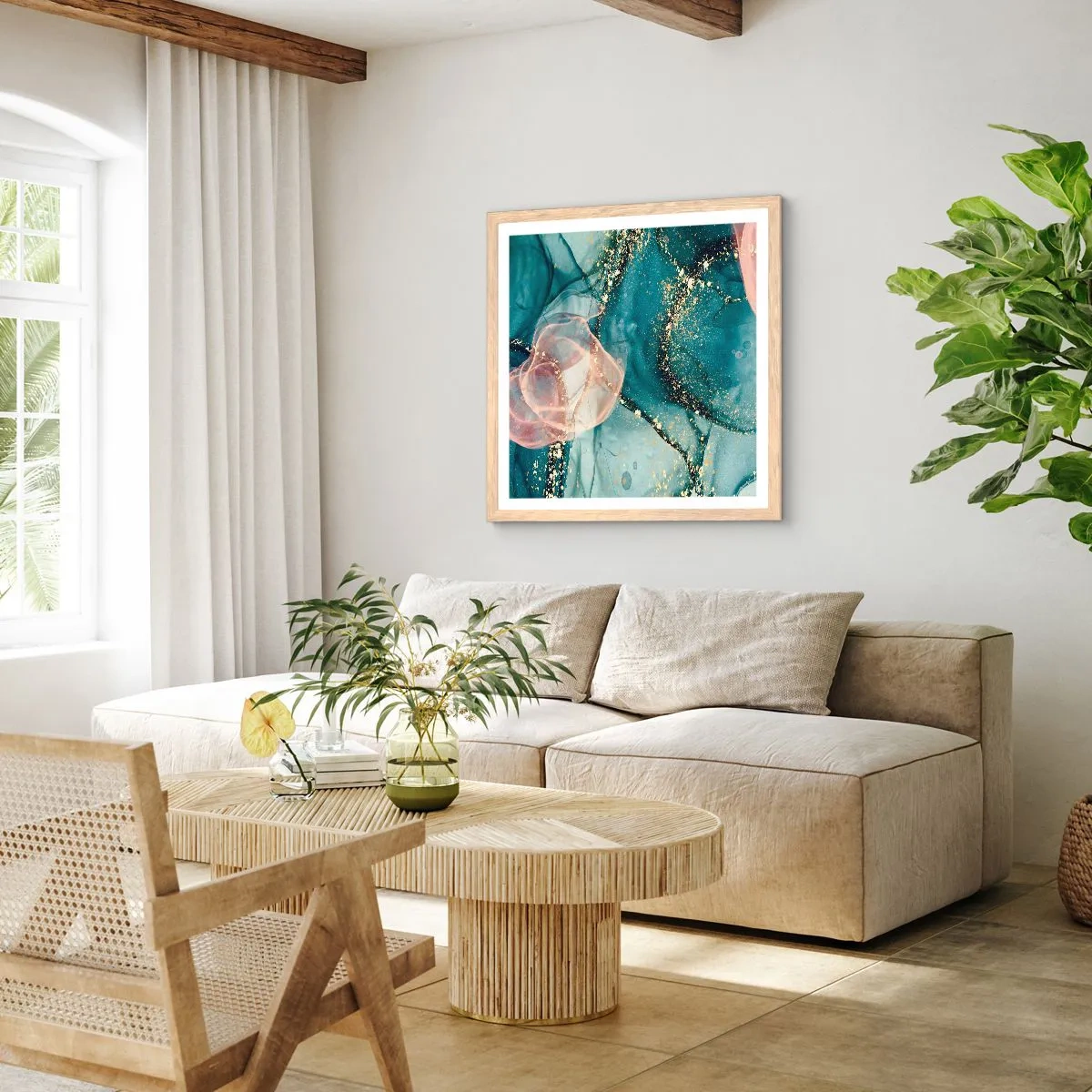 Poster în ramă de stejar deschis - Mătase albastră, tul roz - 60x60 cm