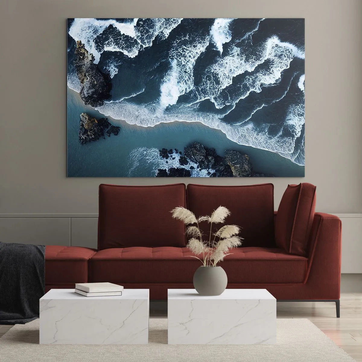 Tablou pe sticlă - Valurile mării se izbesc de coasta stâncoasă - 70x50cm - Înfășurate în valuri - Decorațiune modernă pentru perete pentru living și dormitor ARTTOR