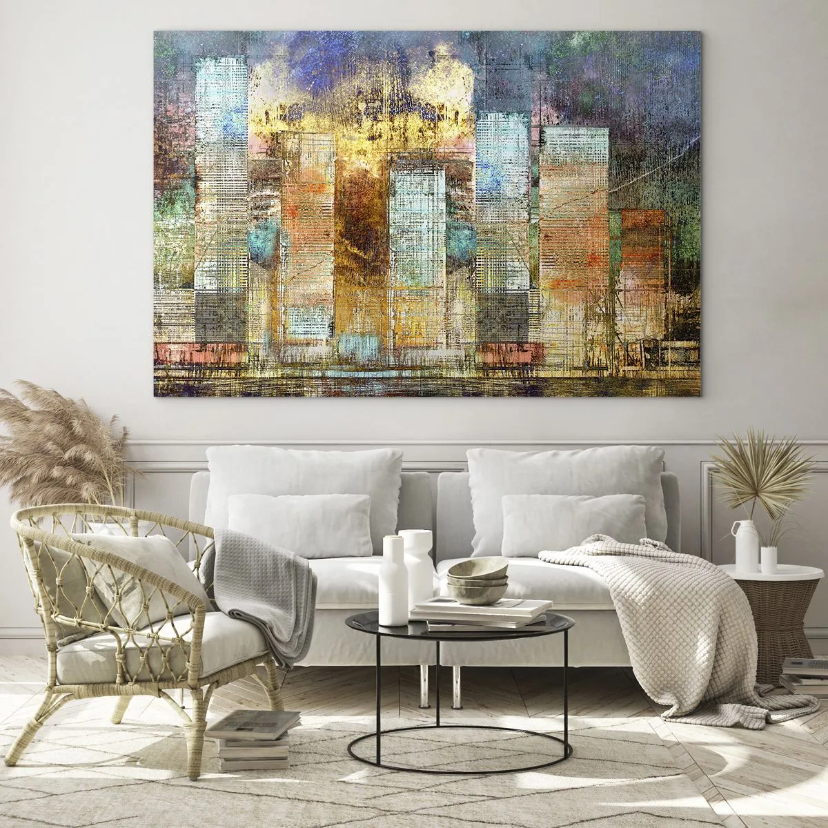 Tablou pe sticlă - Panoramă abstractă colorată a zgârie-norilor orașului într-un stil artistic - 70x50cm - Metropola însorită - Decorațiune modernă pentru perete pentru living și dormitor ARTTOR