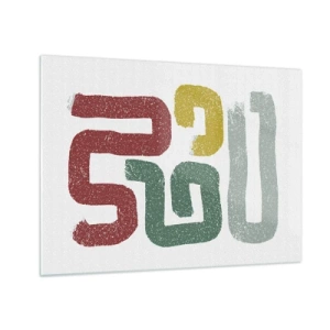 Tablou pe sticlă - Semne abstracte colorate pe fundal alb - 70x50cm - Într-o limbă necunoscută - Decorațiune modernă pentru perete pentru living și dormitor ARTTOR
