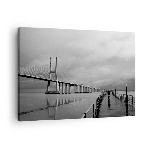 Tablou pe pânză Canvas - Un pod suspendat peste apă, în alb și negru - 70x50cm - Pentru fiecare ceva - Decorațiune modernă pentru perete pentru living și dormitor ARTTOR