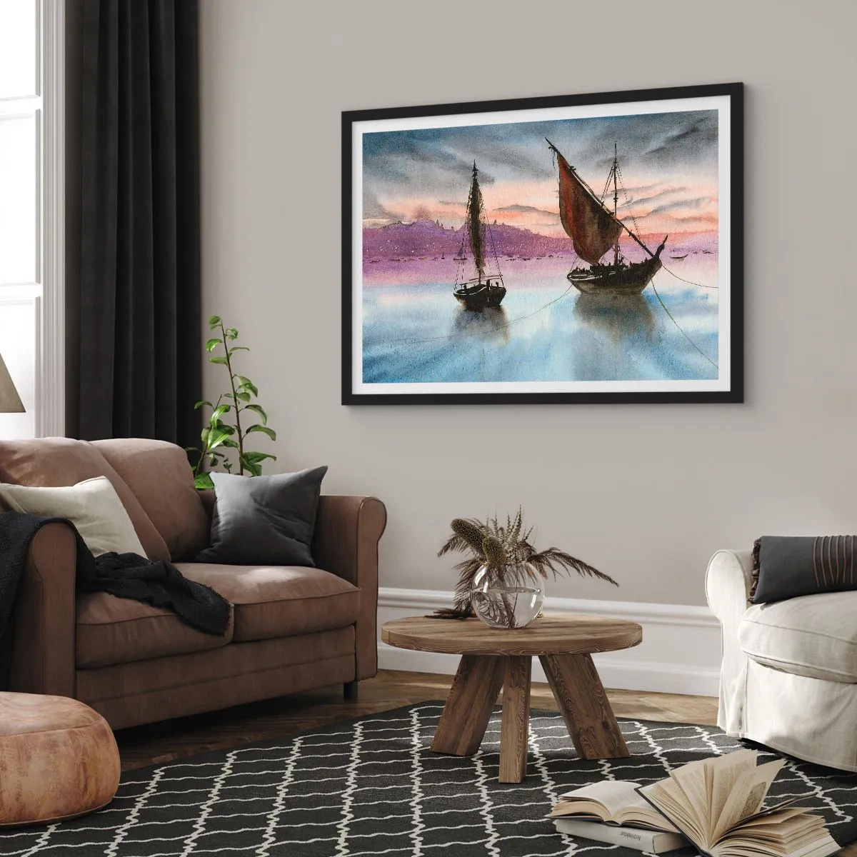 Poster în ramă neagră - O seară în port - 50x40 cm