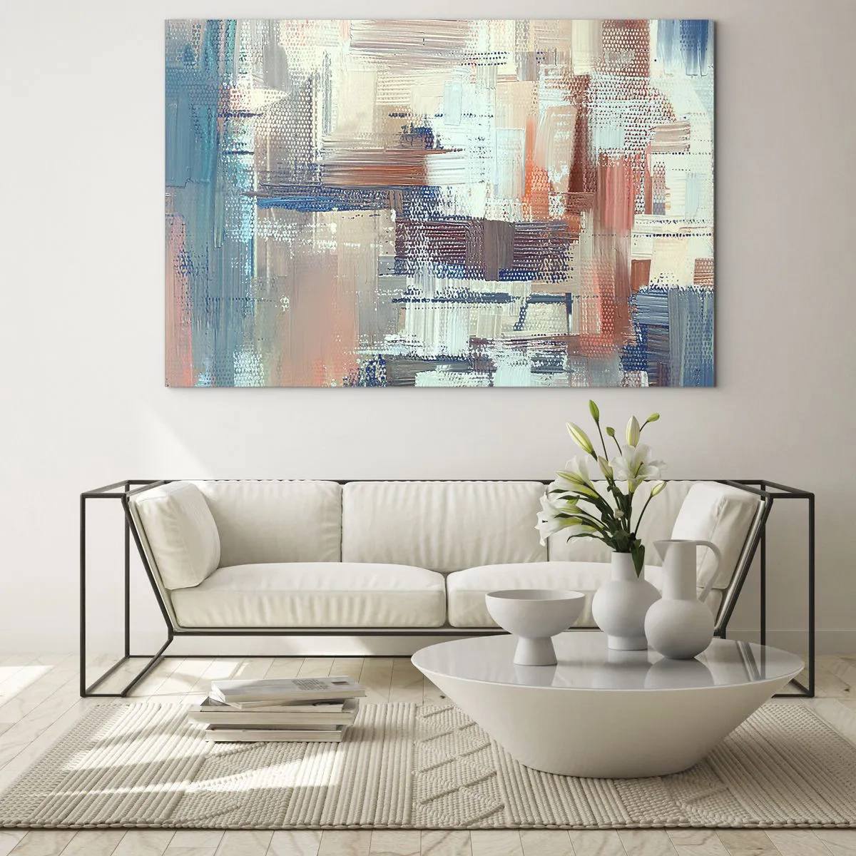 Tablou pe sticlă - Abstracție colorată cu tușe orizontale și verticale de pensulă - 70x50cm - Întinde-te spre lumină - Decorațiune modernă pentru perete pentru living și dormitor ARTTOR