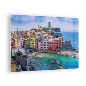 Tablou pe sticlă - Un oraș mediteranean colorat, la malul mării albastre - 70x50cm - Orașul mediteraneean magic - Decorațiune modernă pentru perete pentru living și dormitor ARTTOR