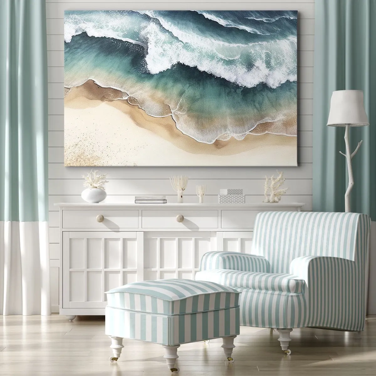 Tablou pe pânză Canvas - Vedere a plajei și a valurilor mării în nuanțe de turcoaz - 70x50cm - Întâlnire eternă - Decorațiune modernă pentru perete pentru living și dormitor ARTTOR