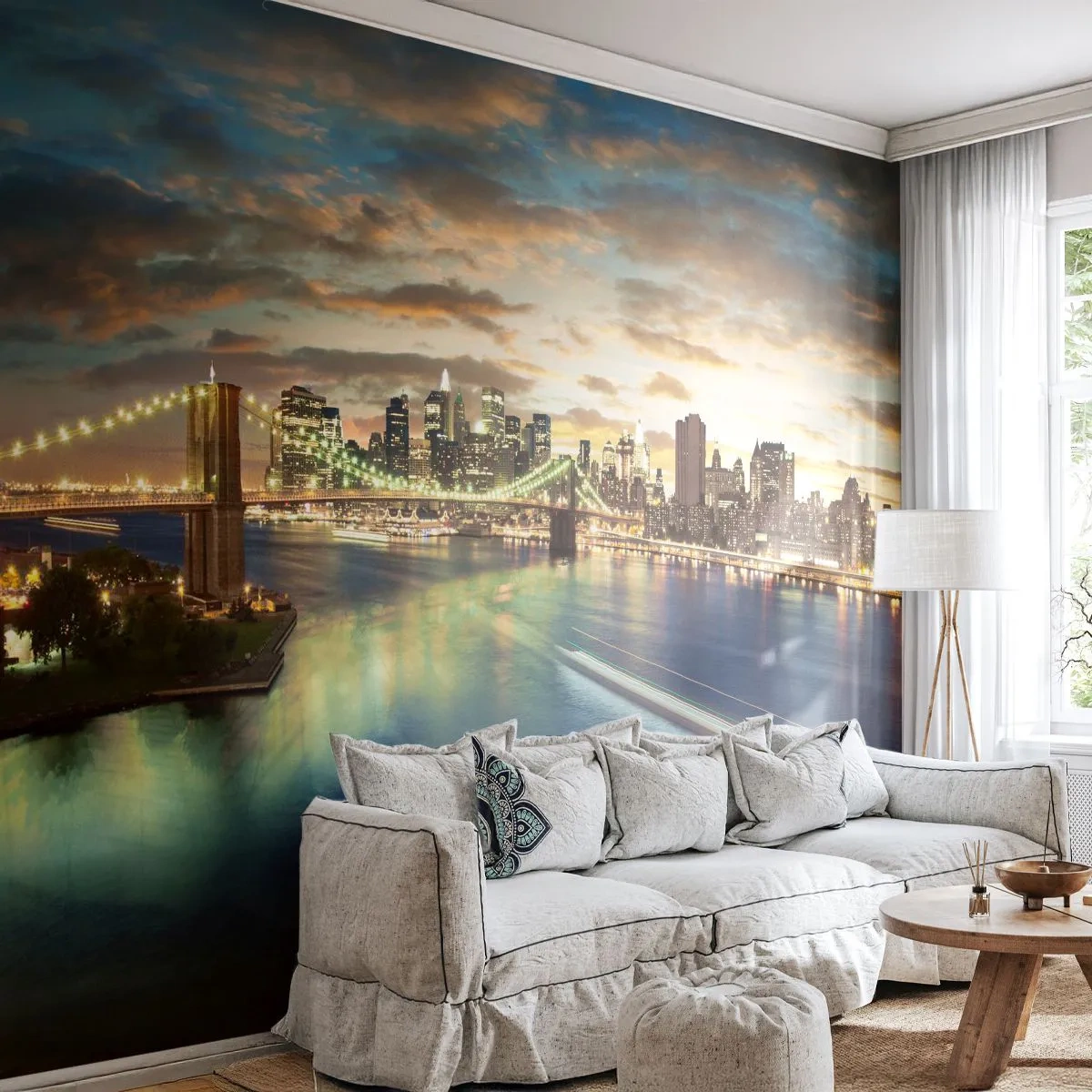 Tapet Premium Canvas - O seară luminată deasupra Manhattan-ului - Oraș, Pod, New York - 250x175 cm