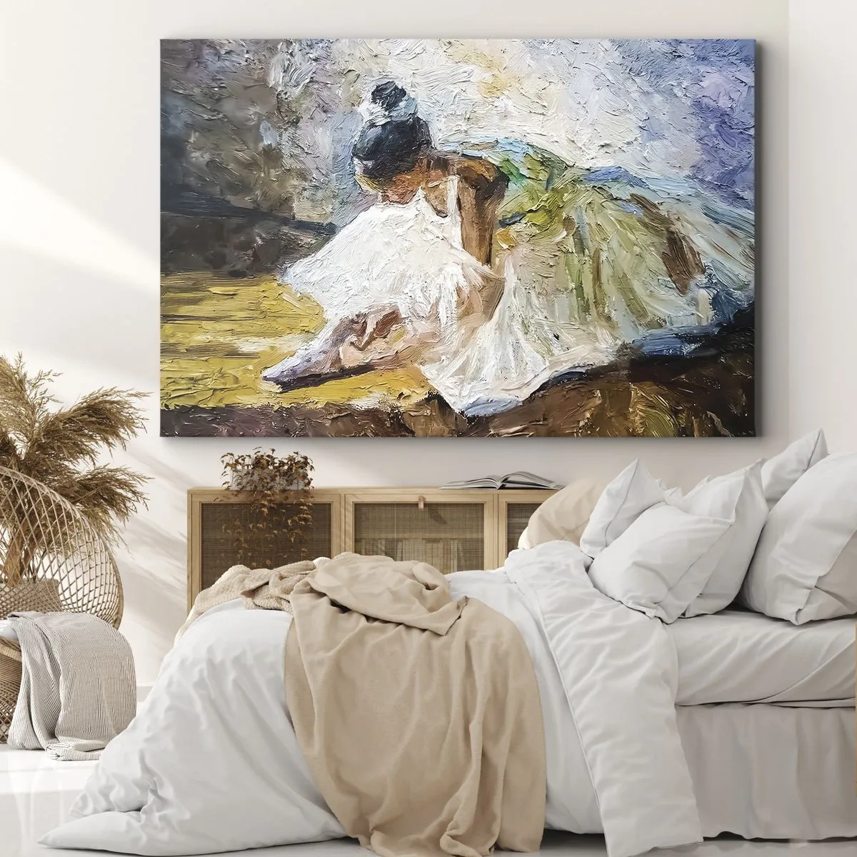 Tablou pe pânză Canvas - O balerină într-o rochie albă, în stil pictural, pe un fundal impresionist. - 70x50cm - Dintr-un tablou de Degas - Decorațiune modernă pentru perete pentru living și dormitor ARTTOR