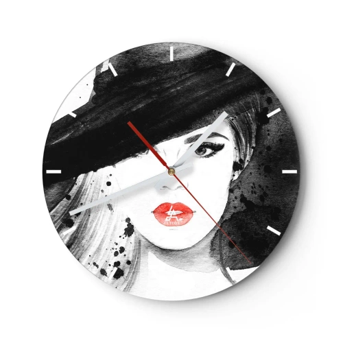 Ceas de perete - Ceas pe sticlă - Femeie elegantă cu o pălărie și buze roșii - 30x30cm - Doamna în negru - Decorațiune modernă pentru perete pentru living, bucătărie și dormitor ARTTOR