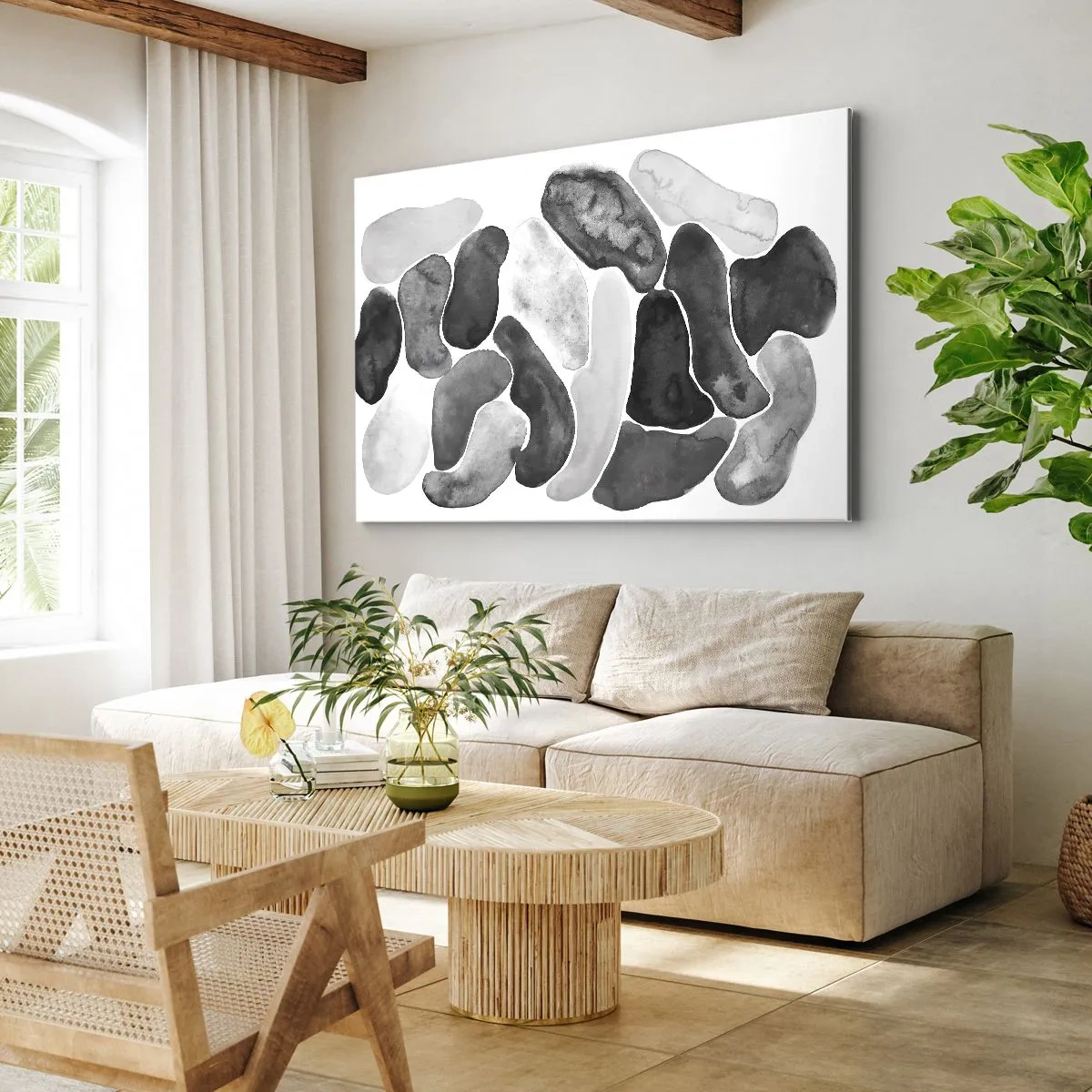 Tablou pe pânză Canvas - Abstracție alb-negru cu pete neregulate pe fundal alb - 70x50cm - Abstracție pietroasă - Decorațiune modernă pentru perete pentru living și dormitor ARTTOR