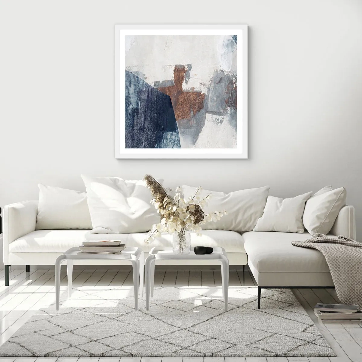 Poster în ramă albă - Forme albastre-maronii - 30x30 cm