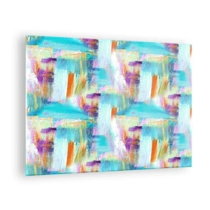Tablou pe sticlă - Abstracție colorată cu tușe de pensulă în culori pastelate și vibrante. - 70x50cm - Mâzgălire veselă - Decorațiune modernă pentru perete pentru living și dormitor ARTTOR