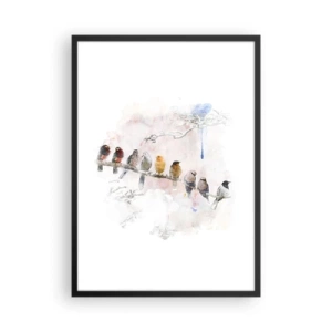 Poster în ramă neagră - Păsări așezate pe o creangă în stil acuarelă - 50x70cm - Întâlnire înaripată - Decorațiune modernă pentru perete pentru living și dormitor ARTTOR