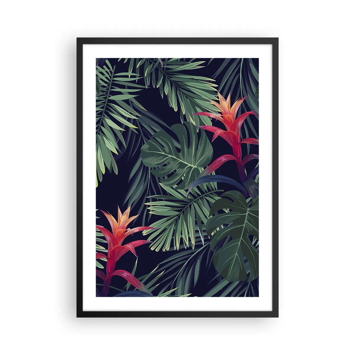 Poster în ramă neagră - Frunze și flori tropicale pe un fundal întunecat - 50x70cm - Flacăra verde - Decorațiune modernă pentru perete pentru living și dormitor ARTTOR