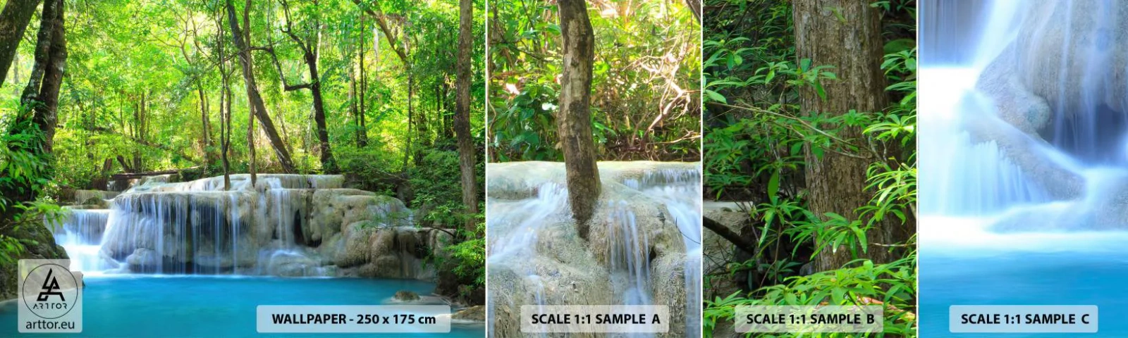 Mostră tapet autocolant Deluxe Sticker - Scufundat în turcoaz și verde - Peisaj, Cascadă, Cascadă - 100x30 cm