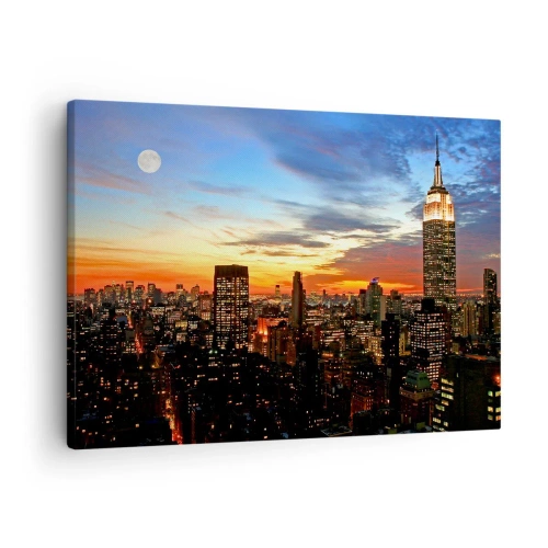 Tablou pe pânză Canvas - Panoramă a orașului cu zgârie-nori iluminați la amurg - 70x50cm - O noapte americană luminoasă - Decorațiune modernă pentru perete pentru living și dormitor ARTTOR