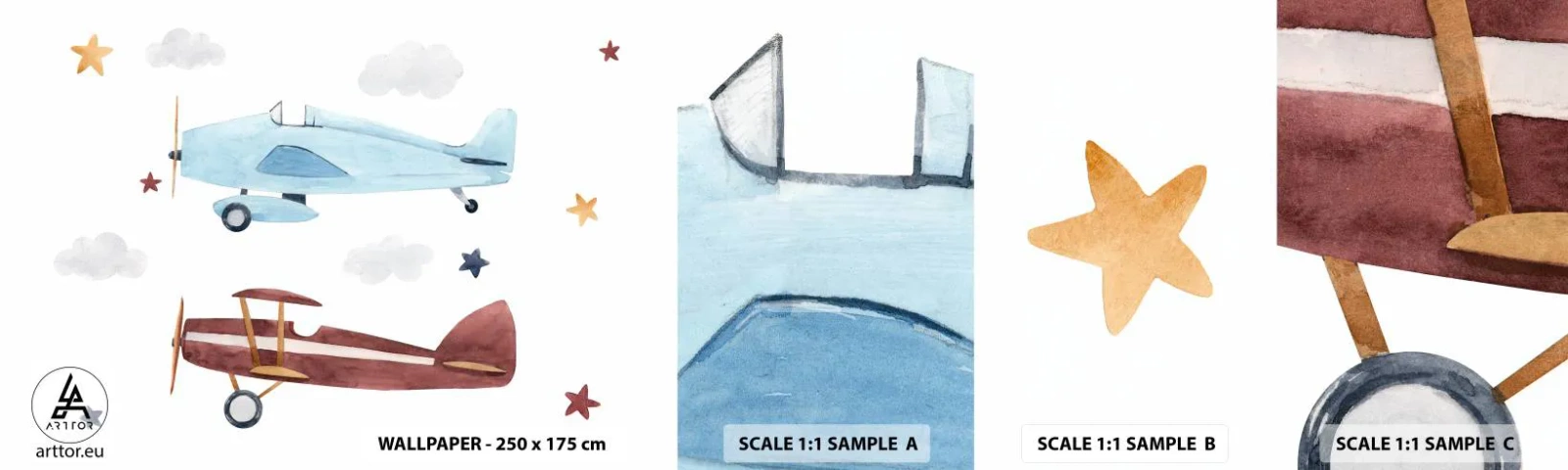 Mostră de Tapet Standard Eco - Domnule Pilot, vă așteptăm! - Avioane, Retro, Pentru copii - 100x30 cm