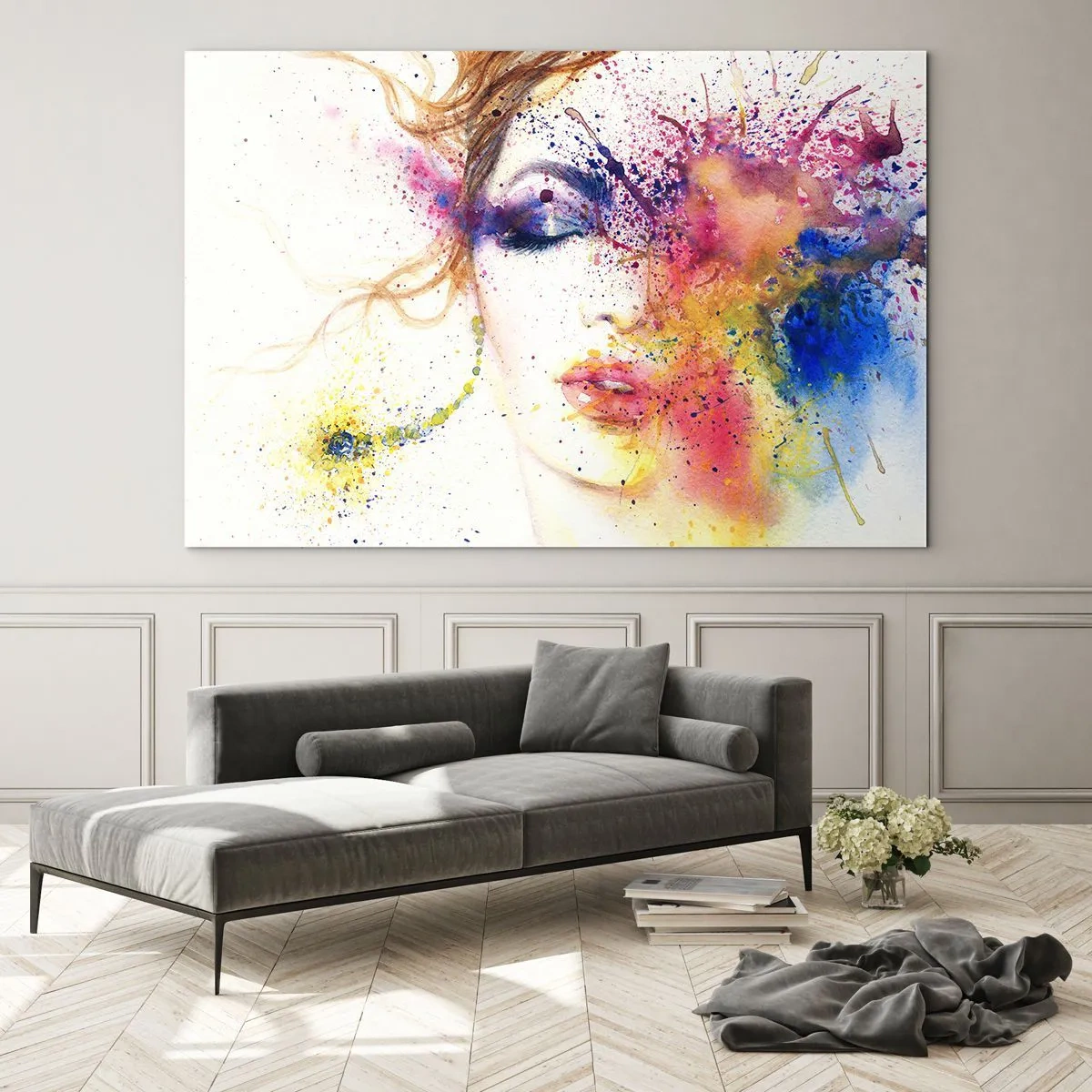 Tablou pe sticlă - Portret abstract al unei femei cu stropi de vopsea curcubeu - 70x50cm - Amețeala curcubeului - Decorațiune modernă pentru perete pentru living și dormitor ARTTOR