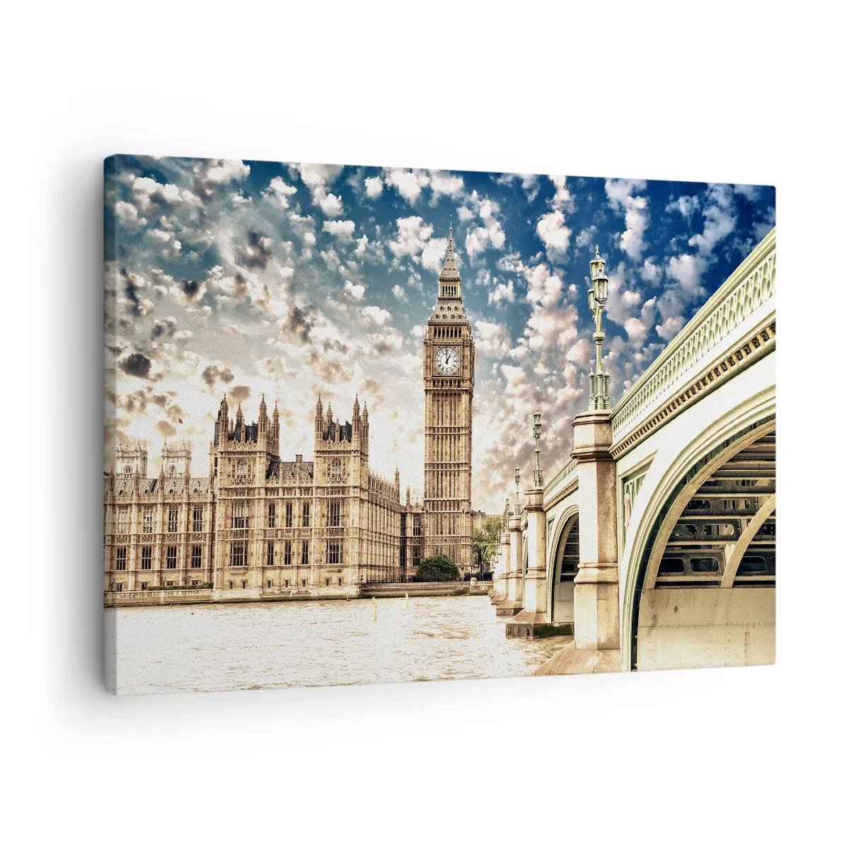 Tablou pe pânză Canvas - Big Ben și Podul Westminster luminate de soarele din Londra - 70x50cm - Nori de pene deasupra Tamisei - Decorațiune modernă pentru perete pentru living și dormitor ARTTOR
